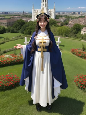 (masterpiece), (best quality), (extremely detailed), (1girl), solo, looking at viewer, smile, slender, evenly sized eyes, extremely detailed eyes, priestess clothes, hair ornament, stuffed animal, (full body:1.4), (holy cross steeple grand church on back, from a flowerly hill above, beauty flowers, church bell), outdoors, wide shot, extremely detailed wallpaper, (completely detailed features), 16k, UHD, own hands together, ☦️,