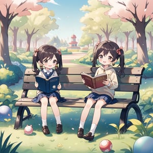 ((A child, small cute plush ball errings, pigtails, jumper skirt, A charming smile, reading picture-story book)), Parks, lawns, cherry trees, benches, masterpiece, best quality, 