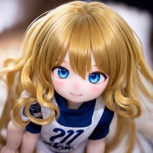 ((Generate hyper realistic full body portrait of  captivating scene featuring a stunning 20 years old girl,)) ((semi side view,)) with medium long blonde hair, flowing curls, little smile, donning a blue basketball  jersey, studio lighting,  piercing, blue eyes, photography style , Extremely Realistic,  ,photo r3al,action shot