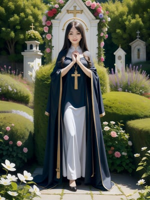 (masterpiece), (best quality), (extremely detailed), (1girl), solo, looking at viewer, smile, slender, evenly sized eyes, extremely detailed eyes, priestess clothes, hair ornament, stuffed animal, (full body:1.4), (holy cross steeple grand church on back, from a flowerly hill above, beauty flowers, church bell), outdoors, wide shot, extremely detailed wallpaper, (completely detailed features), 16k, UHD, own hands together, ☦️,