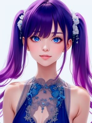 Beautiful girl. She is very badass, she wears a very luxurious outfit. detailed image, detailed skin, upper body, looking at viewer, twintails cut. Purple hair, blue eyes. White background, ((masterpiece: 1.2)), light particles, light particles in background, Anime style.