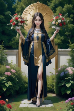 (masterpiece), (best quality), (extremely detailed), (1girl), solo, looking at viewer, smile, slender, evenly sized eyes, extremely detailed eyes, priestess clothes, hair ornament, stuffed animal, (full body:1.4), (holy cross steeple grand church on back, from a flowerly hill above, beauty flowers, church bell), outdoors, wide shot, extremely detailed wallpaper, (completely detailed features), 16k, UHD, own hands together, ☦️,