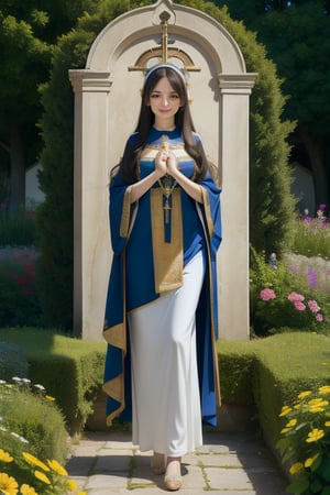 (masterpiece), (best quality), (extremely detailed), (1girl), solo, looking at viewer, smile, slender, evenly sized eyes, extremely detailed eyes, priestess clothes, hair ornament, stuffed animal, (full body:1.4), (holy cross steeple grand church on back, from a flowerly hill above, beauty flowers, church bell), outdoors, wide shot, extremely detailed wallpaper, (completely detailed features), 16k, UHD, own hands together, ☦️,