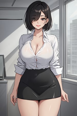 masterpiece, best quality, highly detailed background, perfect lighting, best quality, (extremely detailed face), volumetric lighting, intricate details, shadow, tonemapping, sharp focus, hyper detailed, trending on Artstation, (solo)
BREAK
black eyes, black hair, short hair, hair over one eye, wide_hips, thick_thighs, slender waist, large breasts, lips, hands
BREAK
(office uniform, white collared shirt, tented shirt, pencil skirt, cleavage)
BREAK
inside office
BREAK
cowboy shot, standing, light smile, looking_at_viewer, hand in hair