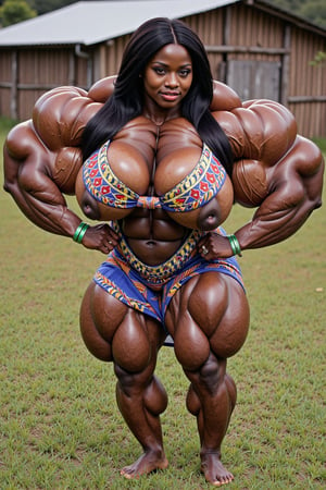 full body shot, (1girl), solo, a (heavenly massive & muscular African female bodybuilder:1.5), ultra realistic, (flexing:1.5) her massive female muscles with very thick & huge male-like muscular female legs, heavenly, massively, huge & Muscular & Ripped Muscles, very muscular calves, very ripped abs and obliques, gigantically massive muscular arms, realistic muscle definition, light makeup, perfect composition, perfect face, intricate details, intrinsic details, masterpiece, hyper realistic, in the African village,(traditional African dashiki dress:1.5), perfect shredded musculature, (long black hair:1.5),Enormous Muscles,Gigantic Muscles,Huge Muscles,Big Muscles,melanin,hyper muscles,fluxdarkelf