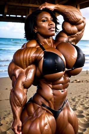 full body photo, (1girl), a massively muscular African female bodybuilder, ultra realistic, (flexing:1.5) her massive female muscles with very thick & huge male-like muscular female legs, heavenly, massively, huge & Muscular & Ripped Muscles, very muscular calves, very ripped abs and obliques, gigantically massive muscular arms, realistic muscle definition,milf, light makeup, perfect composition, perfect face, intricate details, intrinsic details, masterpiece, hyper realistic, at the beach, huge pectoral, (black bikini:1.5), perfect shredded musculature, (short black hair:1.5) ebony, black