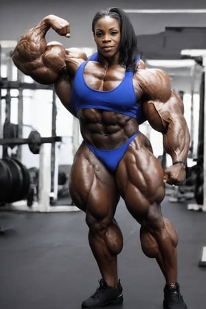 full body shot, (1girl), solo, a (heavenly massive & muscular African female bodybuilder:1.5), ultra realistic, (flexing:1.5) her massive female muscles with very thick & huge male-like muscular female legs, heavenly, massively, huge & Muscular & Ripped Muscles, very muscular calves, very ripped abs and obliques, gigantically massive muscular arms, realistic muscle definition, light makeup, perfect composition, perfect face, intricate details, intrinsic details, masterpiece, hyper realistic, in the weight room by the gym,(blue bikini:1.5), perfect shredded musculature, (long black hair:1.5),Enormous Muscles,Gigantic Muscles,Huge Muscles,Big Muscles,melanin