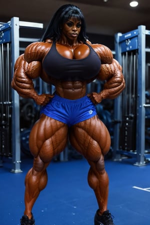 full body shot, (1girl), solo, a (heavenly massive & muscular African female bodybuilder:1.5), ultra realistic, (posing:1.5) her massive female muscles with very thick & huge male-like muscular female legs, heavenly, massively, huge & Muscular & Ripped Muscles, very muscular calves, very ripped abs and obliques, gigantically massive muscular arms, realistic muscle definition, light makeup, perfect composition, perfect face, intricate details, intrinsic details, masterpiece, hyper realistic, in the weight room by the gym,(blue gym top n shorts:1.5), perfect shredded musculature, (long black hair:1.5),Enormous Muscles,Gigantic Muscles,Huge Muscles,Big Muscles,melanin