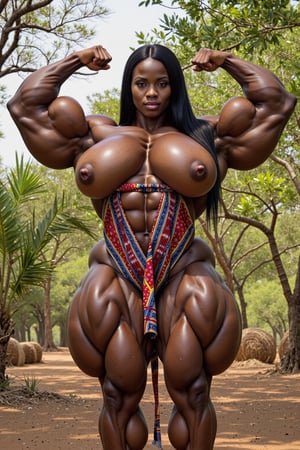 full body shot, (1girl), solo, a (heavenly massive & muscular African female bodybuilder:1.5), ultra realistic, (flexing:1.5) her massive female muscles with very thick & huge male-like muscular female legs, heavenly, massively, huge & Muscular & Ripped Muscles, very muscular calves, very ripped abs and obliques, gigantically massive muscular arms, realistic muscle definition, light makeup, perfect composition, perfect face, intricate details, intrinsic details, masterpiece, hyper realistic, in the African village,(traditional African dashiki dress:1.5), perfect shredded musculature, (long black hair:1.5),Enormous Muscles,Gigantic Muscles,Huge Muscles,Big Muscles,melanin,hyper muscles,fluxdarkelf