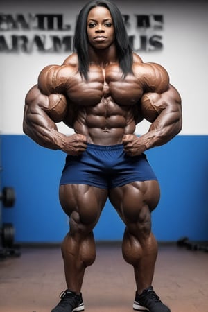 full body shot, (1girl), solo, a (heavenly massive & muscular African female bodybuilder:1.5), ultra realistic, (posing:1.5) her massive female muscles with very thick & huge male-like muscular female legs, heavenly, massively, huge & Muscular & Ripped Muscles, very muscular calves, very ripped abs and obliques, gigantically massive muscular arms, realistic muscle definition, light makeup, perfect composition, perfect face, intricate details, intrinsic details, masterpiece, hyper realistic, in the weight room by the gym,(blue gym top n shorts:1.5), perfect shredded musculature, (long black hair:1.5),Enormous Muscles,Gigantic Muscles,Huge Muscles,Big Muscles,melanin