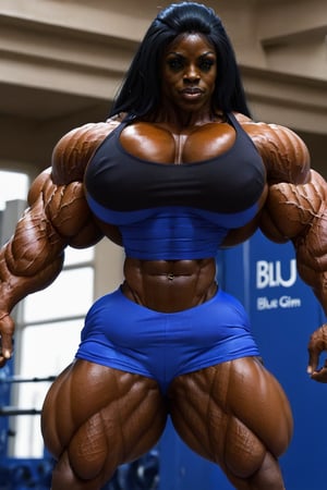 full body shot, (1girl), solo, a (heavenly massive & muscular African female bodybuilder:1.5), ultra realistic, (posing:1.5) her massive female muscles with very thick & huge male-like muscular female legs, heavenly, massively, huge & Muscular & Ripped Muscles, very muscular calves, very ripped abs and obliques, gigantically massive muscular arms, realistic muscle definition, light makeup, perfect composition, perfect face, intricate details, intrinsic details, masterpiece, hyper realistic, in the weight room by the gym,(blue gym top n shorts:1.5), perfect shredded musculature, (long black hair:1.5),Enormous Muscles,Gigantic Muscles,Huge Muscles,Big Muscles,melanin