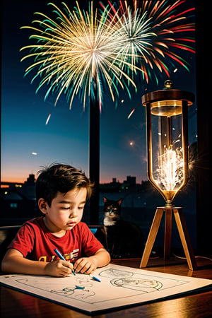 Boy drawing next to his cats, hourglass to boy, firework background, room, masterpiece, highness, 