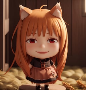 masterpiece, best quality, high resolution, PVC, render, chibi, high resolution, single woman, holo, long hair, brown hair, animal ears, red eyes, wolf tail, necklace, dress, , smiling face, wheat field, selfish target, chibi, smiling face, self-satisfied, full body, chibi, 3D figure, toy, doll, character print, front view, natural light, ((realistic)) 1.2)), dynamic pose, medium movement, perfect cinematic perfect lighting, perfect composition, holo anime2024, one girl
