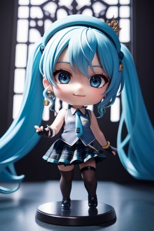 ((1 person)), Hatsune Miku, petite girl, full body, (chibi:1.3), 3D figure girl, green hair, twin tails, beautiful girl with great attention to detail, beautiful and delicate eyes, detailed face, beautiful eyes, wicked smile, y, SuiseiBase, plaid beret, crown, blue star choker, star earrings, blue ascot, plaid jacket, plaid skirt, layered skirt, partially fingerless gloves, star bracelet, uneven legwear, thigh strap, on stage, spotlights, , dynamic beautiful pose, dynamic pose, gothic architecture, natural light, ((realistic)) quality: 1.2), dynamic distance shot, cinematic lighting, perfect composition, super detail, official art, masterpiece, (best) quality: 1.3), reflection, high resolution CG Unity 8K wallpaper, detailed background, masterpiece, (photorealistic): 1.2), random angle, chibi, full body, mikdef,READ THE DESCRIPTION