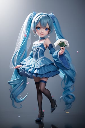 ((1 person)), Hatsune Miku, petite girl, full body, chibi, 3D figure girl, green hair, twin tails, beautiful girl with great detail, beautiful and delicate eyes, detailed face, beautiful eyes, embroidery, accessories, necklace, earrings, holding a white bouquet, red flower confetti background, reflection, evil smile, red and black dress, frills, detachable sleeves, frilly choker, , jewelry details, dynamic beautiful pose, dynamic pose, gothic architecture, natural light, ((realistic)) quality: 1.2), dynamic distance shot, cinematic lighting, perfect composition, super detail, official art, masterpiece, (best) quality: 1.3), reflection, high resolution CG Unity 8K wallpaper, detailed background, masterpiece, (photorealistic): 1.2), random angle, side angle, chibi, full body, mikdef, lencifer flare,lemon0030,lace trim,see-through,veil