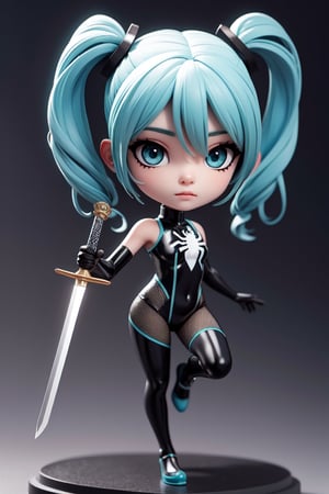 ((1 female)), Hatsune Miku, petite girl, full body, chibi, 3D figure little girl, green hair, twin tails, beautiful girl with attention to detail, beautiful delicate eyes, detailed face, beautiful eyes, spider_oc, female action poses, one-handed sword, detail, dynamic beautiful pose, dynamic pose, Gothic architecture, natural light, ((realistic) ) Quality: 1.2 )), Dynamic Distance Shot, Cinematic Lighting, Perfect Composition, Super Detail, Official Art, Masterpiece, (Best) Quality: 1.3), Reflections, High Resolution CG Unity 8K Wallpaper, Detailed Background, Masterpiece, (Photorealistic): 1.2), Random Angle, Side Angle, Chibi, Full Body, Mikdef,spider_oc