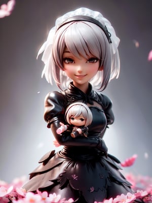 Masterpiece, highest quality, high resolution, PVC, rendering, chibi, high resolution, solo girl, 2B, NieR:Automata, wedding dress, silver hair, bob hair, smile, selfish, chibi, smile, grin, self-righteousness, overall body, chibi, 3D Figure, cherry blossoms, dancing cherry blossom petals, cherry blossom snowstorm, toy, doll, character print, front view, natural light, ((real) quality: 1.2)), dynamic pose, cinematic lighting, perfect composition,, motoko2045wz