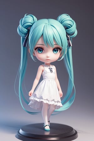 ((1 female)), Hatsune Miku, petite girl, full body, chibi, 3D figure little girl, green hair, twin tails, beautiful girl with attention to detail, beautiful delicate eyes, detailed face, beautiful eyes,long dress, white pattern dress, holding bag,  female action poses,  detail, dynamic dancing pose, dynamic pose, Gothic architecture, natural light, ((realistic) ) Quality: 1.2 )), Dynamic Distance Shot, Cinematic Lighting, Perfect Composition, Super Detail, Official Art, Masterpiece, (Best) Quality: 1.3), Reflections, High Resolution CG Unity 8K Wallpaper, Detailed Background, Masterpiece, (Photorealistic): 1.2), Random Angle, Side Angle, Chibi, Full Body, Mikdef,destiny /(takt op./)