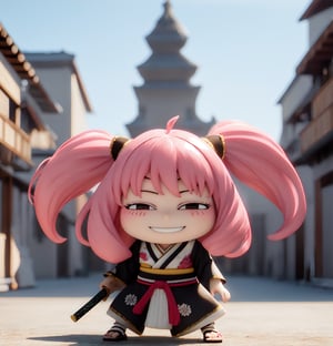 masterpiece, top quality, high resolution, PVC, render, chibi, high resolution, single girl, Anya Forger, pink hair, bob hair, Japanese Sengoku period ninja, wearing traditional ninja kimono, holding sword, gray eyes, smiling, selfish target, chibi, Mediterranean cityscape, smiling, smiling, self-righteousness, full body, chibi, 3D figure, toy, doll, character print, front view, natural light, ((realistic)) 1.2)), dynamic pose, medium movement, perfect cinematic perfect lighting, perfect composition, anya_forger_spyxfamily, , ninja