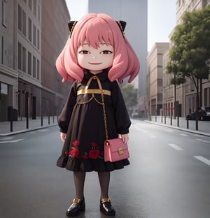 masterpiece, (realism: 1.2), top quality, high resolution, 3D, PVC, Figure, render, chibi, high resolution, single girl, Anya Forger, pink hair, bob hair, xuer Luxury brand fashion,  gray eyes, smiling, selfish target, chibi, Louis Vuitton costume,  bag,long sleeves,dress,pantyhose,black bow,puffy sleeves,black footwear,closed mouth,red eyes,handbag,black dress,full body,jacket,standing,black jacket,flower,building,Mediterranean cityscape, smiling, smiling, self-righteousness, full body, chibi, 3D figure, toy, doll, character print, front view, natural light, ((realistic)) 1.2)), dynamic pose, medium movement, perfect cinematic perfect lighting, perfect composition, anya_forger_spyxfamily, , xuer Luxury brand fashion