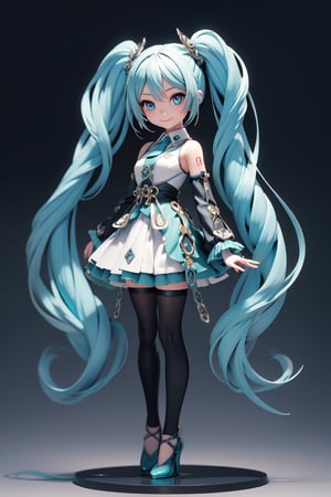 ((1 person)), Hatsune Miku, petite girl, full body, chibi, 3D figure girl, green hair, twin tails, beautiful girl with great detail, beautiful and delicate eyes, detailed face, beautiful eyes, arm strap,puffy short sleeves,belt,half gloves,buttons,jewelry,thigh strap,white skirt,black pantyhose, wicked smile, dynamic beautiful pose, dynamic pose, gothic architecture, natural light, ((realistic)) quality: 1.2), dynamic distance shot, cinematic lighting, perfect composition, super detail, official art, masterpiece, (best) quality: 1.3), reflection, high resolution CG Unity 8K wallpaper, detailed background, masterpiece, (photorealistic) : 1.2), random angle, side angle, chibi, full body, mikdef, ,NJI BEAUTY,DSORCERESS