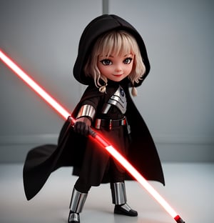 Masterpiece, highest quality, high resolution, PVC, rendering, chibi, high resolution, single girl, Shin Hati, ShinHati, single braid, side braid, cloak, robe, brown shirt, vambraces, black gloves, belt, Hood down, lightsaber , (with a lightsaber in one hand: 1.4), gray eyes, smile, selfish target, Chibi, Star Wars World, Shin Hati, smile, smile, self-righteousness, whole body, Chibi, 3D figure, toy, doll, character print, Front view, natural light, ((real)) quality: 1.2)), dynamic pose, medium-movement, perfect cinematic lighting, perfect composition, costume, ShinHait,IncrsAnyasHehFaceMeme