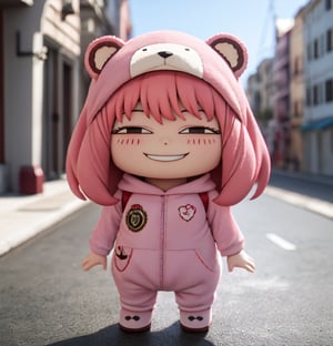 masterpiece,best quality,high resolution,pvc,rendering,chibi,high resolution,one girl,anya forger,pink hair,bob hair,brown bear costume,gray eyes,smiling,selfish target,chibi,mediterranean cityscape,smiling,smiling,smugness,full body,chibi,3d figure,toy,doll,character print,front view,natural light,((realistic)) 1.2)),dynamic pose,medium movement,perfect cinematic perfect lighting,perfect composition,costume,anya_forger_spyxfamily,,bear costume