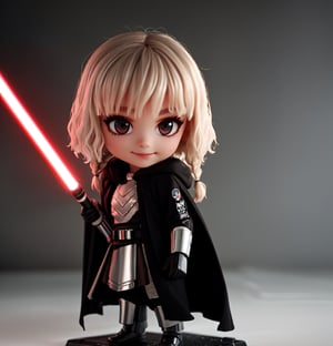 Masterpiece, highest quality, high resolution, PVC, rendering, chibi, high resolution, single girl, Shin Hati, ShinHati, single braid, side braid, cloak, robe, brown shirt, vambraces, black gloves, belt, Hood down, lightsaber , lightsaber in one hand, gray eyes, smile, selfish target, chibi, Star Wars World, Shin Hati, smile, smile, self-righteousness, whole body, chibi, 3D figure, toy, doll, character print, front view, natural light, (( Realistic)) Quality: 1.2)), Dynamic pose, Medium-movement, Cinematic perfect lighting, Perfect composition, Costume, ShinHait