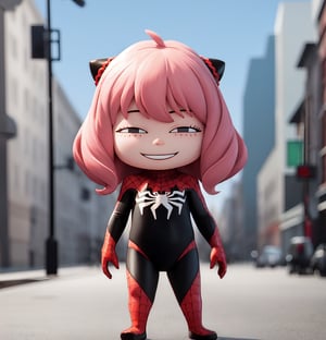 masterpiece, best quality, high resolution, PVC, render, chibi, high resolution, single woman, Anya Forger, pink hair, bob hair, spider_oc, Black and white spiderman suit, no mask, graffiti background, grey eyes, smiling, selfish target, chibi, prohibition era city, smiling, grinning, self-satisfied, full body, chibi, 3d figure, toy, doll, character print, front view, natural light, ((realistic)) 1.2)), dynamic pose, medium movement, perfect cinematic perfect lighting, perfect composition, Anya Forger Spy x Family, , spider_oc