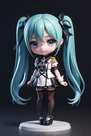 ((1 woman)), Hatsune Miku, petite girl, full body, chibi, 3D figure girl, green hair, twin tails, beautiful girl with great attention to detail, beautiful and delicate eyes, detailed face, beautiful eyes, (smile:0.6), jirai fashion epaulettes, mesmerizing designs, c, detailed, dynamic beautiful pose, dynamic pose, gothic architecture, natural light, ((realistic)) quality: 1.2)), dynamic long distance shot, cinematic lighting, perfect composition, super detail, official art, masterpiece, (best) quality: 1.3)), reflection, high resolution CG Unity 8K wallpaper, detailed background, masterpiece, (photorealistic) : 1.2), random angle,  side angle, chibi, full body, mikdef, jirai fashion, jirai kei, black thighhighs, high heels, jirai kei attire