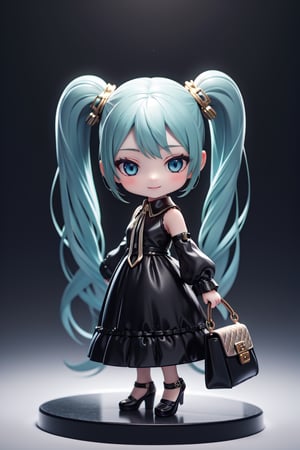 masterpiece, (realism: 1.2), ((1 person female)), Hatsune Miku, petite girl, full body, chibi, 3D figure girl, green hair, twin tails, beautiful girl with great detail, beautiful and delicate eyes, detailed face, beautiful eyes, xuer luxury brand fashion, evil smile, Chanel costume, heart, hair accessory, shoulder bag, dress, long sleeves, pantyhose, black ribbon, puffy sleeves, black footwear, mouth closed, red eyes, handbag, black dress, full body, white dress, shoes, platform shoes, standing, puffy long sleeves, blushing, holding, dynamic pose, gothic architecture, natural light, ((realistic) quality: 1.2), dynamic distance shot, cinematic lighting, perfect composition, super detail, official art, masterpiece, (best) quality: 1.3), reflection, high resolution CG Unity 8K wallpaper, detailed background, masterpiece, (realism: 1.2), random angle, side angle, chibi, full body, mikudef, lenticular flare, xuer luxury brand fashion