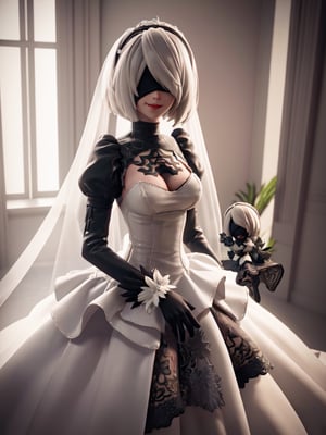 masterpiece, best quality, high resolution, PVC, render, chibi, high resolution, solo girl, 2B, NieR: Automata, smiling, selfish, chibi, grinning, self-satisfied, full body, chibi, 3D figure, full moon background, toy, doll, ruanyi0263, bridal veil, wedding dress, veil, white dress, bride, lace, silver hair, bob hair, character print, front view, natural light, ((realistic)) quality: 1.2), dynamic pose, cinematic lighting, perfect composition, bridal veil, ruanyi0263,2b