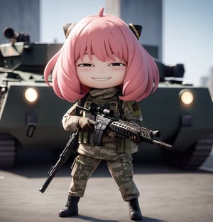 Masterpiece, highest quality, high resolution, PVC, rendering, chibi, high resolution, one girl, Anya Forger, pink hair, bob hair, military uniform, taskforce, weapon, gun, military  assault rifle,  holding weapon, digitalcamouflage,gloves,military vehicle, , gray eyes, smile, Selfish Target, Chibi, Mediterranean Cityscape, Smile, Smile, Self-Justice, Full Body, Chibi, 3D Figure, Toy, Doll, Character Print, Front View, Natural Light, ((Real)) 1.2)), Dynamic Pose, Medium movement, perfect cinematic perfect lighting, perfect composition,  anya_forger_spyxfamily,,Military
