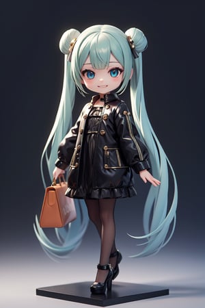 ((1 female)), Hatsune Miku, petite girl, full body, chibi, 3D figure little girl, green hair, twintails, beautiful girl with attention to detail, beautiful delicate eyes, detailed face, beautiful eyes,xuer Luxury brand fashion, evil grin,  Louis Vuitton costume,  bag,long sleeves,dress,pantyhose,black bow,puffy sleeves,black footwear,closed mouth,red eyes,handbag,black dress,full body,jacket,standing,black jacket,flower,building,puffy long sleeves,blush,holding, dynamic pose, gothic architecture, natural light, ((real)) Quality: 1.2 )), Dynamic Distance Shot, Cinematic Lighting, Perfect Composition, Super Detail, Official Art, Masterpiece, (Best) Quality: 1.3), Reflections, High Resolution CG Unity 8K Wallpaper , Detailed Background, Masterpiece, ( Photorealistic): 1.2), random angle, side angle, chibi, whole body, mikdef,wrenchfaeflare,xuer Luxury brand fashion