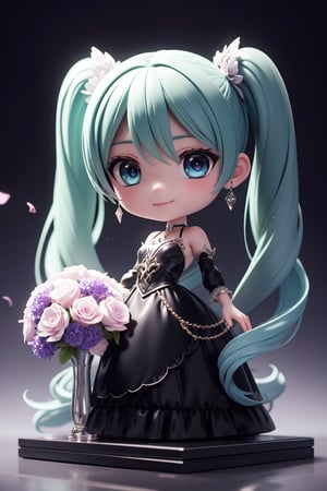 ((1 person)), Hatsune Miku, petite girl, full body, chibi, 3D figure girl, green hair, twin tails, beautiful girl with great detail, beautiful and delicate eyes, detailed face, beautiful eyes, embroidery, accessories, necklace, earrings, holding purple bouquet, purple flower confetti background, reflection, evil smile, Black dress, frills, detachable sleeves, frilly choker, , jewelry details, dynamic beautiful pose, dynamic pose, gothic architecture, natural light, ((realistic)) quality: 1.2), dynamic distance shot, cinematic lighting, perfect composition, super detail, official art, masterpiece, (best) quality: 1.3), reflection, high resolution CG Unity 8K wallpaper, detailed background, masterpiece, (photorealistic): 1.2), random angle, side angle, chibi, full body, mikdef, lencifer flare