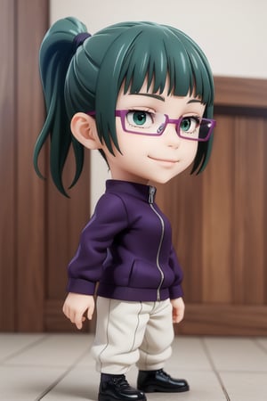 ((1 person)), zenin_maki, Jujutsu Kaisen, petite girl, full body, chibi, 3D figure girl,  beautiful girl with great detail, beautiful and delicate eyes, face with great detail, beautiful eyes, evil smile, dynamic beautiful pose, dynamic pose, zenin_maki, green hair, brown eyes, ponytail, glasses, bangs, jujutsu_uniform, natural light, ((real)) quality: 1.2), dynamic distance shot, cinematic lighting, perfect composition, super detail, official art, masterpiece, (best) quality: 1.3), reflection, high resolution CG Unity 8K wallpaper, detailed background, masterpiece, (photorealistic): 1.2), random angle, side angle, chibi, full body, mikdef, Enma Ai,makima,makimacsm,zenin_maki,purple jacket