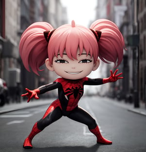 masterpiece, best quality, high resolution, PVC, render, chibi, high resolution, single woman, Anya Forger, pink hair, bob hair, spider_oc, Black and white spiderman suit, no mask, graffiti background, grey eyes, smiling, selfish target, fighting stance, Glowing neon effects, chibi, prohibition era city, smiling, grinning, self-satisfied, full body, chibi, 3d figure, toy, doll, character print, front view, natural light, ((realistic)) 1.2)), dynamic pose, medium movement, perfect cinematic perfect lighting, perfect composition, Anya Forger Spy x Family, , spider_oc