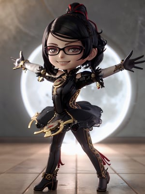 Masterpiece, highest quality, high resolution, PVC, rendering, chibi, high resolution, solo girl, bayonetta, gothic dress, silver hair, bob hair, smile, selfish, chibi, smile, grin, self-righteousness, overall body, chibi, 3D Figure, Full Moon Background, Toy, Doll, Character Print, Front View, Natural Light, ((Real)) Quality: 1.2)), Dynamic Pose, Cinematic Lighting, Perfect Composition, bayonetta,Bayonetta