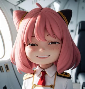 Masterpiece, Top Quality, High Resolution, PVC, Rendering, Chibi, High Resolution, One Girl, Anya Forger, Pink Hair, Bob Hair, Naval Officer Uniform, Gray Eyes, Smile, Selfish Target, Chibi, On an aircraft carrier, smile, smile, self-righteousness, full body, chibi, 3D figure, toy, doll, character print, front view, natural light, ((real)) 1.2)), dynamic pose, medium movement, perfect movie Like lighting, perfect composition, officer uniform, anya_forger_spyxfamily, JediOutfit,