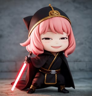 Masterpiece, Best Quality, High Resolution, PVC, Rendering, Chibi, High Resolution, Single Girl, Anya Forger, Pink Hair, Bob Hair, Sith Outfit, Cloak, Robe, Black Gloves, Belt, Hood Down , red lightsaber, lightsaber in hand , gray eyes, smile, selfish target, chibi, Star Wars World, Shin Hati, smile, smile, self-righteousness, full body, chibi, 3D figure, toy, doll, character print, front view, natural light, ((realistic)) quality: 1.2)), dynamic pose, medium movement, cinematic perfect lighting, perfect composition, costume, sith outfit, anya_forger_spyxfamily,sthoutfit