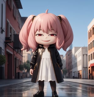 masterpiece, (realism: 1.2), top quality, high resolution, 3D, PVC, Figure, render, chibi, high resolution, single girl, Anya Forger, pink hair, bob hair, xuer Luxury brand fashion,  gray eyes, smiling, selfish target, chibi, Louis Vuitton costume,  bag,long sleeves,dress,pantyhose,black bow,puffy sleeves,black footwear,closed mouth,red eyes,handbag,black dress,full body,jacket,standing,black jacket,flower,building,Mediterranean cityscape, smiling, smiling, self-righteousness, full body, chibi, 3D figure, toy, doll, character print, front view, natural light, ((realistic)) 1.2)), dynamic pose, medium movement, perfect cinematic perfect lighting, perfect composition, anya_forger_spyxfamily, , xuer Luxury brand fashion