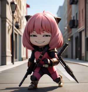 masterpiece, top quality, high resolution, PVC, render, chibi, high resolution, single woman, Anya Forger, pink hair, bob hair, Mandalorian costume, no helmet, Mandalorian armor, dual pistols, holding a pistol in each hand, grey eyes, smiling, selfish target, chibi, prohibition era streetscape, smiling, grinning, self-satisfied, full body, chibi, 3d figure, toy, doll, character print, front view, natural light, ((realistic)) 1.2)), dynamic pose, medium movement, perfect cinematic perfect lighting, perfect composition, Anya Forger spy x family, StarWMandalorian