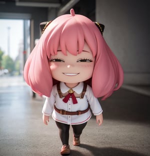 masterpiece, top quality, high resolution, PVC, render, chibi, high resolution, 1 girl, solo, Anya Forger, pink hair, bob hair, Lederhosen morning on the way to school, walking, grey eyes, smiling, selfish target, chibi, smiling, smiling, smug, full body, chibi, 3d figure, toy, doll, character print, front view, natural light, ((realistic)) 1.2)), dynamic pose, medium movement, perfect cinematic perfect lighting, perfect composition, anya_forger_spyxfamily, Cuteselfiesposes