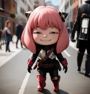 masterpiece, top quality, high resolution, PVC, render, chibi, high resolution, single woman, Anya Forger, pink hair, bob hair, Mandalorian costume, no helmet, Mandalorian armor, grey eyes, smiling, selfish target, chibi, prohibition era streetscape, smiling, grinning, self-satisfied, full body, chibi, 3d figure, toy, doll, character print, front view, natural light, ((realistic)) 1.2)), dynamic pose, medium movement, perfect cinematic perfect lighting, perfect composition, Anya Forger spy x family, StarWMandalorian