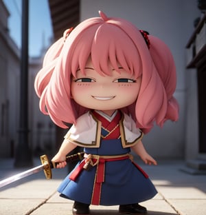 Masterpiece, Top Quality, High Resolution, PVC, Rendering, Chibi, High Resolution, 1 Girl, solo, Anya Forger, Pink Hair, Bob Hair, Japanese Warring States Period Samurai, Wearing Traditional Samurai Armor, pink Samurai Armor, holding sword, female action poses, Gray Eyes, Smile, Selfish Target, Chibi, Mediterranean Cityscape, Smile, Smile, Self-righteousness, Full Body, Chibi, 3D Figure, Toy, Doll, Character Print, Front View, Natural Light, ((Real)) 1.2)), dynamic pose, medium movement, perfect cinematic perfect lighting, perfect composition, anya_forger_spyxfamily, samurai,holding sword,armor,battoujutsu,Cuteselfiesposes,BnnBnn,alice margatroid,shanghai doll,1girl,blonde hair, blue eyes, capelet, b