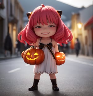 masterpiece, top quality, high resolution, PVC, render, chibi, high resolution, 1 girl, solo, anya_forger, pink hair, bob hair, halloween, halloween costume, jack-o-lantern, night and pumpkin theme, female action pose, grey eyes, smiling, selfish target, chibi, mediterranean cityscape, smiling, smiling face, smugness, full body, chibi, 3d figure, toy, doll, character print, front view, natural light, ((realistic)) 1.2)), dynamic pose, medium movement, perfect cinematic perfect lighting, perfect composition, anya_forger_spyxfamily, halloween, halloween costume, night sky