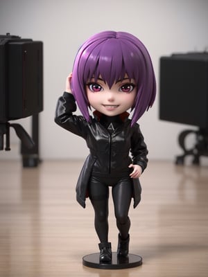 Masterpiece, highest quality, high resolution, PVC, rendering, chibi, high resolution, single girl, Motoko Kusanagi, Ghost in the Shell, trench coat, pink hair, bob hair, smile, selfish, chibi, smile, grin, self justice, full body , Chibi, 3D Figure, Toy, Doll, Character Print, Front View, Natural Light, ((Real)) Quality: 1.2)), Dynamic Pose, Cinematic Lighting, Perfect Composition, motoko2045wz