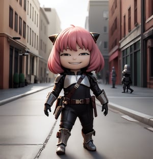 masterpiece, top quality, high resolution, PVC, render, chibi, high resolution, single woman, Anya Forger, pink hair, bob hair, Mandalorian costume, no helmet, Mandalorian armor, grey eyes, smiling, selfish target, chibi, prohibition era streetscape, smiling, grinning, self-satisfied, full body, chibi, 3d figure, toy, doll, character print, front view, natural light, ((realistic)) 1.2)), dynamic pose, medium movement, perfect cinematic perfect lighting, perfect composition, Anya Forger spy x family, StarWMandalorian