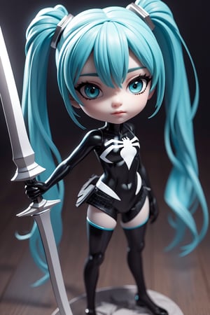 ((1 female)), Hatsune Miku, petite girl, full body, chibi, 3D figure little girl, green hair, twin tails, beautiful girl with attention to detail, beautiful delicate eyes, detailed face, beautiful eyes, spider_oc, female action poses, one-handed sword, detail, dynamic beautiful pose, dynamic pose, Gothic architecture, natural light, ((realistic) ) Quality: 1.2 )), Dynamic Distance Shot, Cinematic Lighting, Perfect Composition, Super Detail, Official Art, Masterpiece, (Best) Quality: 1.3), Reflections, High Resolution CG Unity 8K Wallpaper, Detailed Background, Masterpiece, (Photorealistic): 1.2), Random Angle, Side Angle, Chibi, Full Body, Mikdef,spider_oc