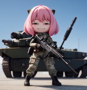 Masterpiece, highest quality, high resolution, PVC, rendering, chibi, high resolution, one girl, Anya Forger, pink hair, bob hair, military uniform, taskforce, weapon, gun, military  assault rifle,  holding weapon, digitalcamouflage,gloves,military vehicle, , gray eyes, smile, Selfish Target, Chibi, Mediterranean Cityscape, Smile, Smile, Self-Justice, Full Body, Chibi, 3D Figure, Toy, Doll, Character Print, Front View, Natural Light, ((Real)) 1.2)), Dynamic Pose, Medium movement, perfect cinematic perfect lighting, perfect composition,  anya_forger_spyxfamily,,Military